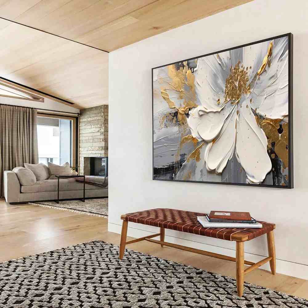 White Handmade Hand-painted Gray Gold Accents Abstract Wall Art 54KQN